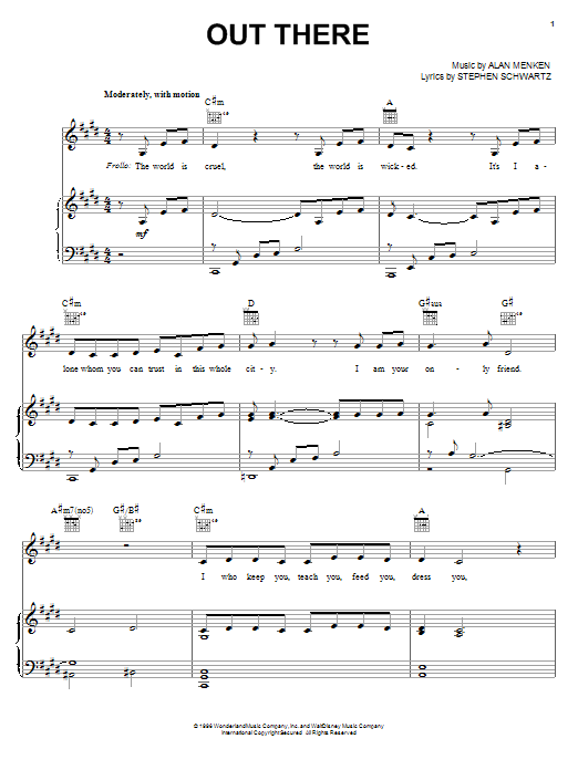 Learn to play Alan Menken Out There sheet music for Piano, Vocal & Guitar (Right-Hand Melody) in minutes. Alan Menken Out There sheet music notes and chords. Download Printable PDF.