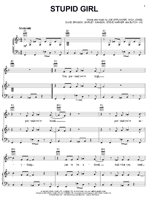 Learn to play Garbage Stupid Girl sheet music for Piano, Vocal & Guitar (Right-Hand Melody) in minutes. Garbage Stupid Girl sheet music notes and chords. Download Printable PDF.