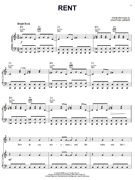 Learn to play Jonathan Larson Rent sheet music for Piano, Vocal & Guitar (Right-Hand Melody) in minutes. Jonathan Larson Rent sheet music notes and chords. Download Printable PDF.