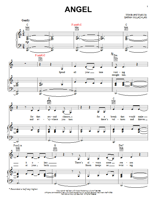 Learn to play Sarah McLachlan Angel sheet music for Piano, Vocal & Guitar (Right-Hand Melody) in minutes. Sarah McLachlan Angel sheet music notes and chords. Download Printable PDF.