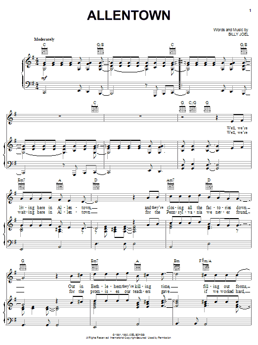 Learn to play Billy Joel Allentown sheet music for Piano, Vocal & Guitar (Right-Hand Melody) in minutes. Billy Joel Allentown sheet music notes and chords. Download Printable PDF.