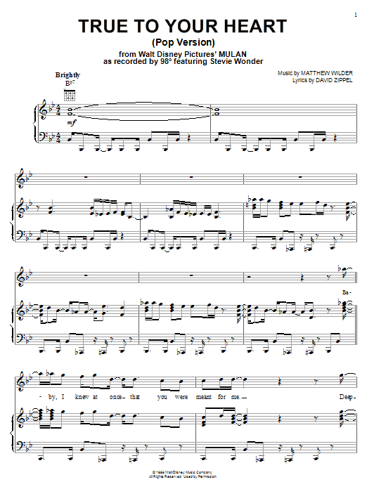 Learn to play 98 Degrees True To Your Heart (Pop Version) (feat. Stevie Wonder) sheet music for Piano, Vocal & Guitar (Right-Hand Melody) in minutes. 98 Degrees True To Your Heart (Pop Version) (feat. Stevie Wonder) sheet music notes and chords. Download Printable PDF.