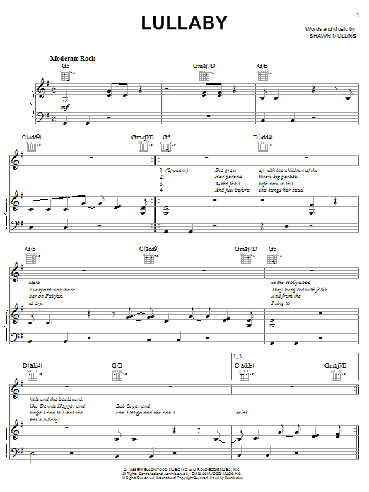 Learn to play Shawn Mullins Lullaby sheet music for Piano, Vocal & Guitar (Right-Hand Melody) in minutes. Shawn Mullins Lullaby sheet music notes and chords. Download Printable PDF.