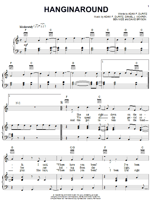 Learn to play Counting Crows Hanginaround sheet music for Piano, Vocal & Guitar (Right-Hand Melody) in minutes. Counting Crows Hanginaround sheet music notes and chords. Download Printable PDF.