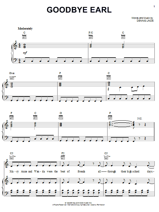 Learn to play Dixie Chicks Goodbye Earl sheet music for Piano, Vocal & Guitar (Right-Hand Melody) in minutes. Dixie Chicks Goodbye Earl sheet music notes and chords. Download Printable PDF.