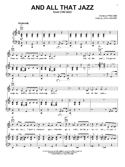 Learn to play Kander & Ebb And All That Jazz sheet music for Piano, Vocal & Guitar (Right-Hand Melody) in minutes. Kander & Ebb And All That Jazz sheet music notes and chords. Download Printable PDF.