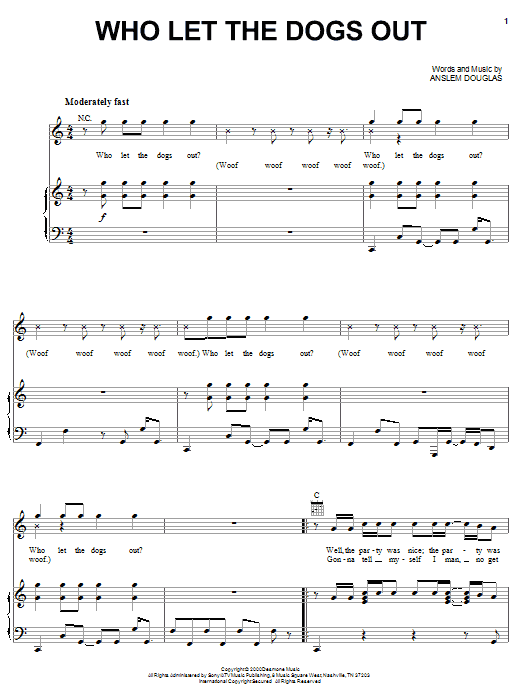 Learn to play Baha Men Who Let The Dogs Out sheet music for Piano, Vocal & Guitar (Right-Hand Melody) in minutes. Baha Men Who Let The Dogs Out sheet music notes and chords. Download Printable PDF.