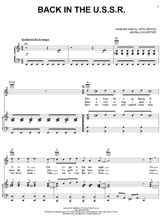 Learn to play The Beatles Back In The U.S.S.R. sheet music for Piano, Vocal & Guitar (Right-Hand Melody) in minutes. The Beatles Back In The U.S.S.R. sheet music notes and chords. Download Printable PDF.