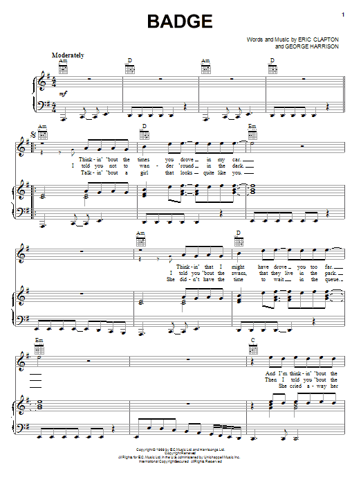 Learn to play Cream Badge sheet music for Piano, Vocal & Guitar (Right-Hand Melody) in minutes. Cream Badge sheet music notes and chords. Download Printable PDF.