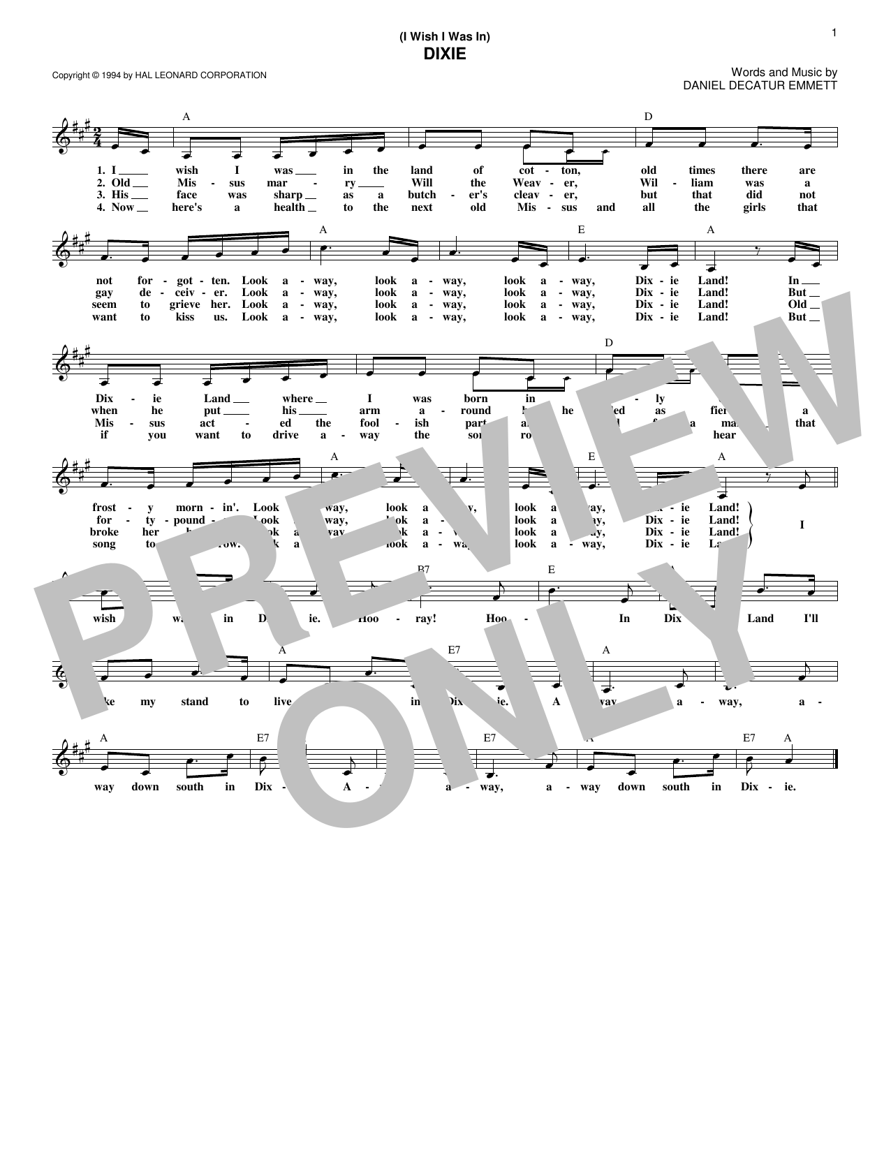 Learn to play Daniel Decatur Emmett (I Wish I Was In) Dixie sheet music for Melody Line, Lyrics & Chords in minutes. Daniel Decatur Emmett (I Wish I Was In) Dixie sheet music notes and chords. Download Printable PDF.