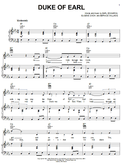 Learn to play Gene Chandler Duke Of Earl sheet music for Piano, Vocal & Guitar (Right-Hand Melody) in minutes. Gene Chandler Duke Of Earl sheet music notes and chords. Download Printable PDF.