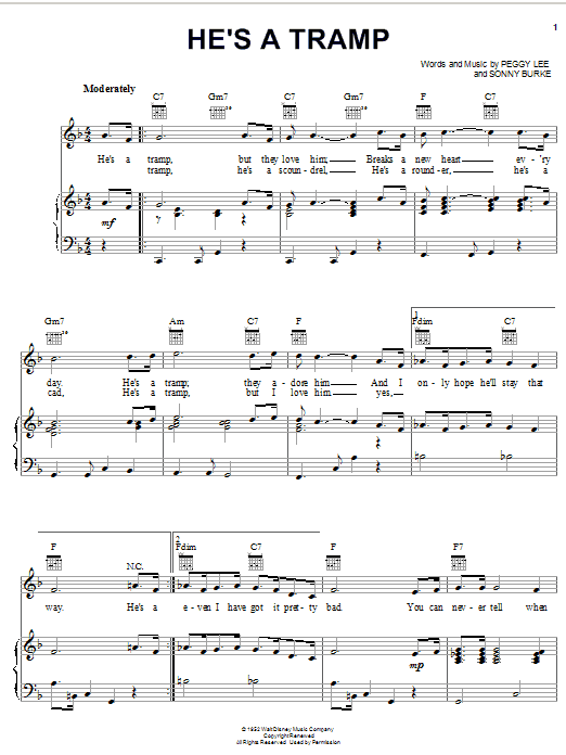 Learn to play Peggy Lee He's A Tramp (from Lady and the Tramp) sheet music for Piano, Vocal & Guitar (Right-Hand Melody) in minutes. Peggy Lee He's A Tramp (from Lady and the Tramp) sheet music notes and chords. Download Printable PDF.