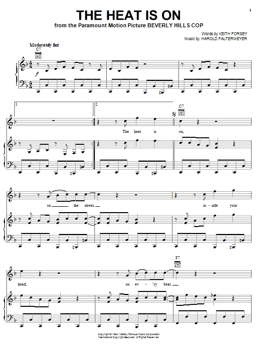 Learn to play Glenn Frey The Heat Is On (from Beverly Hills Cop) sheet music for Piano, Vocal & Guitar (Right-Hand Melody) in minutes. Glenn Frey The Heat Is On (from Beverly Hills Cop) sheet music notes and chords. Download Printable PDF.