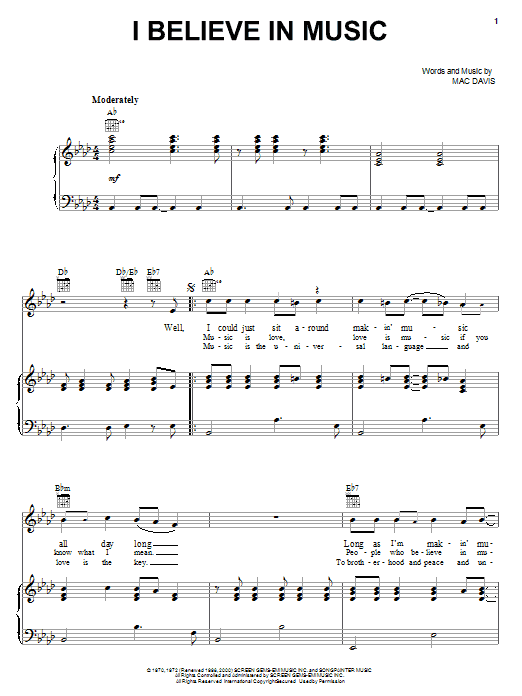 Learn to play Mac Davis I Believe In Music sheet music for Piano, Vocal & Guitar (Right-Hand Melody) in minutes. Mac Davis I Believe In Music sheet music notes and chords. Download Printable PDF.