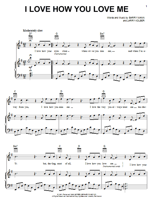 Learn to play The Paris Sisters I Love How You Love Me sheet music for Piano, Vocal & Guitar (Right-Hand Melody) in minutes. The Paris Sisters I Love How You Love Me sheet music notes and chords. Download Printable PDF.