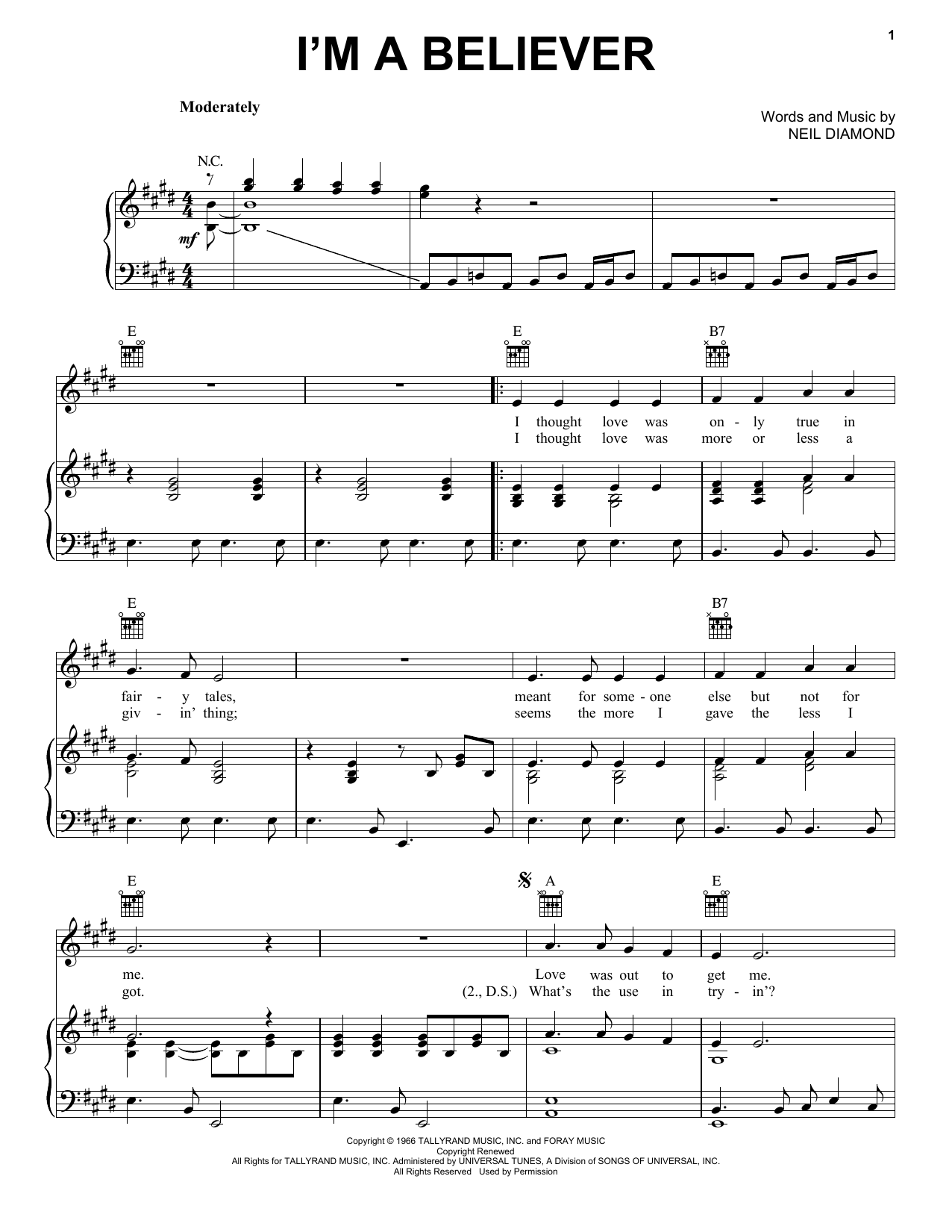 Learn to play The Monkees I'm A Believer sheet music for Piano, Vocal & Guitar (Right-Hand Melody) in minutes. The Monkees I'm A Believer sheet music notes and chords. Download Printable PDF.