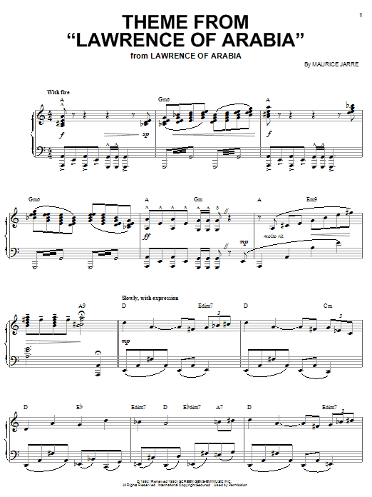 Learn to play Maurice Jarre Theme from Lawrence Of Arabia sheet music for Piano, Vocal & Guitar (Right-Hand Melody) in minutes. Maurice Jarre Theme from Lawrence Of Arabia sheet music notes and chords. Download Printable PDF.