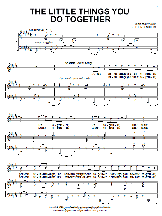 Learn to play Stephen Sondheim The Little Things You Do Together sheet music for Piano, Vocal & Guitar (Right-Hand Melody) in minutes. Stephen Sondheim The Little Things You Do Together sheet music notes and chords. Download Printable PDF.