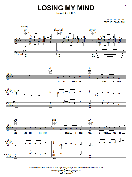 Learn to play Stephen Sondheim Losing My Mind sheet music for Piano, Vocal & Guitar (Right-Hand Melody) in minutes. Stephen Sondheim Losing My Mind sheet music notes and chords. Download Printable PDF.