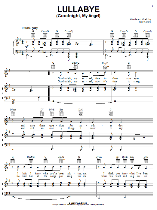 Learn to play Billy Joel Lullabye (Goodnight, My Angel) sheet music for Piano, Vocal & Guitar (Right-Hand Melody) in minutes. Billy Joel Lullabye (Goodnight, My Angel) sheet music notes and chords. Download Printable PDF.