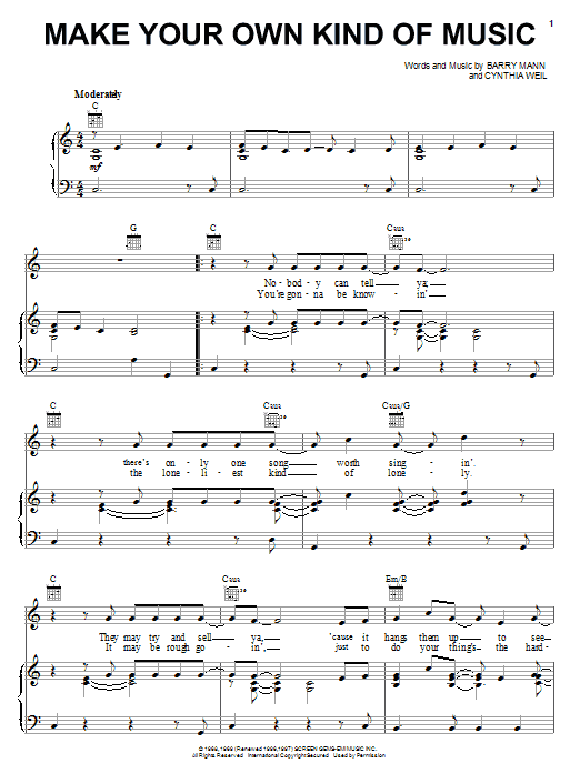 Learn to play Mama Cass Elliot Make Your Own Kind Of Music sheet music for Piano, Vocal & Guitar (Right-Hand Melody) in minutes. Mama Cass Elliot Make Your Own Kind Of Music sheet music notes and chords. Download Printable PDF.