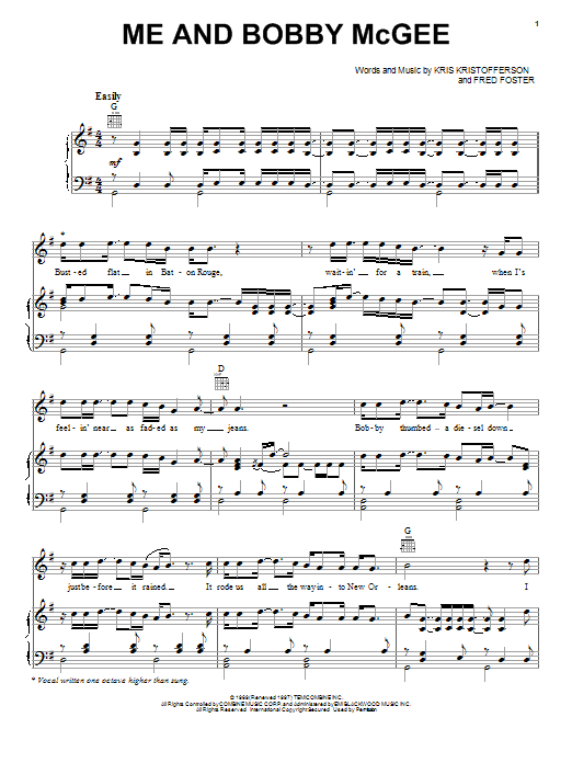 Learn to play Janis Joplin Me And Bobby McGee sheet music for Piano, Vocal & Guitar (Right-Hand Melody) in minutes. Janis Joplin Me And Bobby McGee sheet music notes and chords. Download Printable PDF.