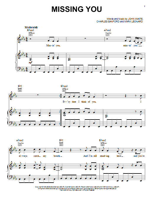 Learn to play John Waite Missing You sheet music for Piano, Vocal & Guitar (Right-Hand Melody) in minutes. John Waite Missing You sheet music notes and chords. Download Printable PDF.