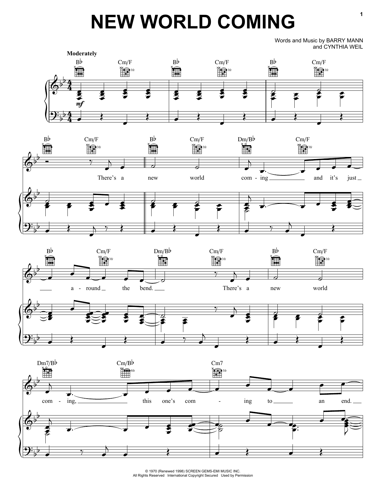 Learn to play Mama Cass Elliot New World Coming sheet music for Piano, Vocal & Guitar (Right-Hand Melody) in minutes. Mama Cass Elliot New World Coming sheet music notes and chords. Download Printable PDF.