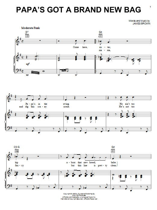 Learn to play James Brown Papa's Got A Brand New Bag sheet music for Piano, Vocal & Guitar (Right-Hand Melody) in minutes. James Brown Papa's Got A Brand New Bag sheet music notes and chords. Download Printable PDF.