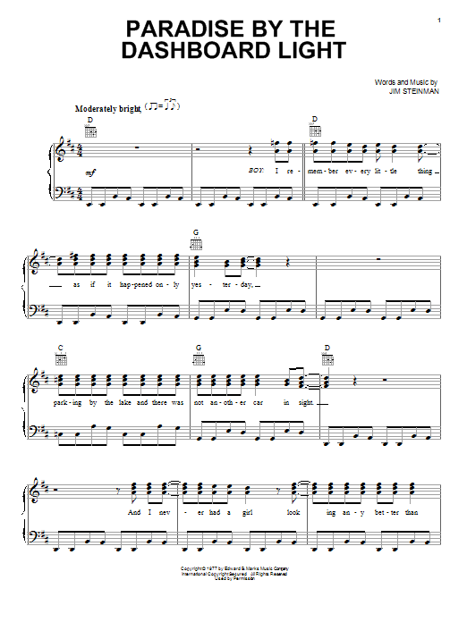 Learn to play Meat Loaf Paradise By The Dashboard Light sheet music for Piano, Vocal & Guitar (Right-Hand Melody) in minutes. Meat Loaf Paradise By The Dashboard Light sheet music notes and chords. Download Printable PDF.