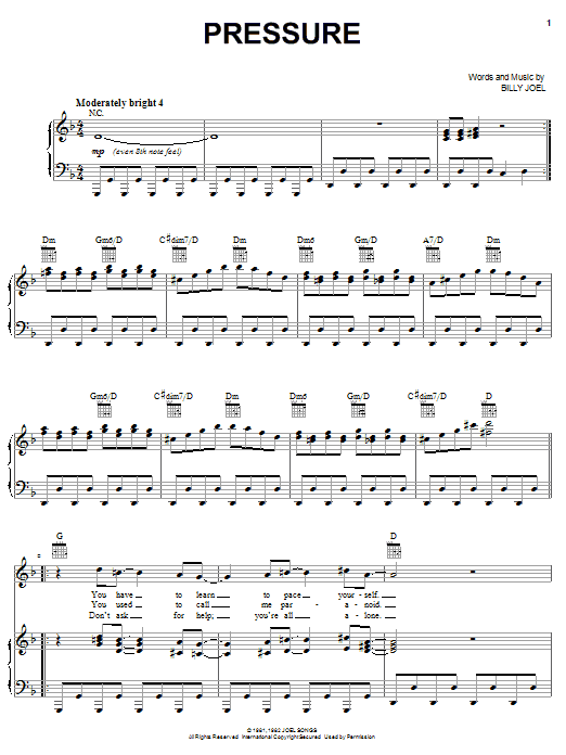 Learn to play Billy Joel Pressure sheet music for Piano, Vocal & Guitar (Right-Hand Melody) in minutes. Billy Joel Pressure sheet music notes and chords. Download Printable PDF.