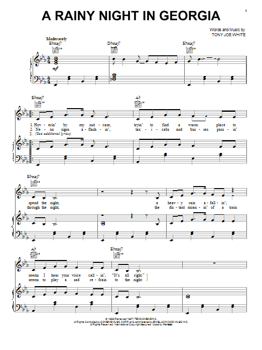 Learn to play Brook Benton A Rainy Night In Georgia sheet music for Piano, Vocal & Guitar (Right-Hand Melody) in minutes. Brook Benton A Rainy Night In Georgia sheet music notes and chords. Download Printable PDF.