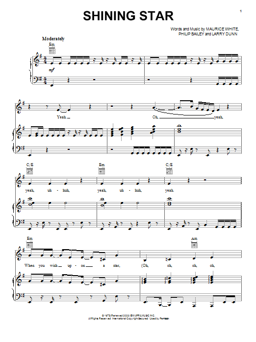 Learn to play Earth, Wind & Fire Shining Star sheet music for Piano, Vocal & Guitar (Right-Hand Melody) in minutes. Earth, Wind & Fire Shining Star sheet music notes and chords. Download Printable PDF.