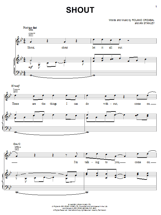 Learn to play Tears For Fears Shout sheet music for Piano, Vocal & Guitar (Right-Hand Melody) in minutes. Tears For Fears Shout sheet music notes and chords. Download Printable PDF.