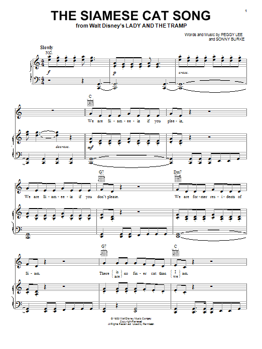 Learn to play Peggy Lee The Siamese Cat Song sheet music for Piano, Vocal & Guitar (Right-Hand Melody) in minutes. Peggy Lee The Siamese Cat Song sheet music notes and chords. Download Printable PDF.