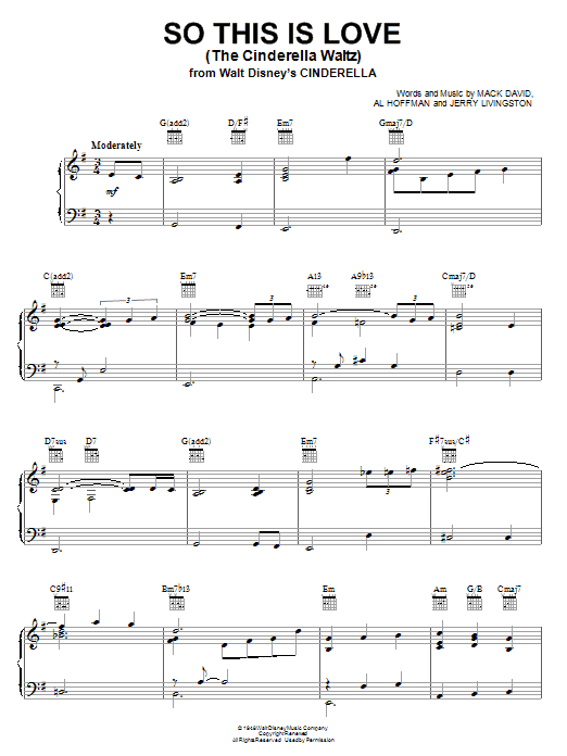 Learn to play Mack David So This Is Love (The Cinderella Waltz) sheet music for Piano, Vocal & Guitar (Right-Hand Melody) in minutes. Mack David So This Is Love (The Cinderella Waltz) sheet music notes and chords. Download Printable PDF.