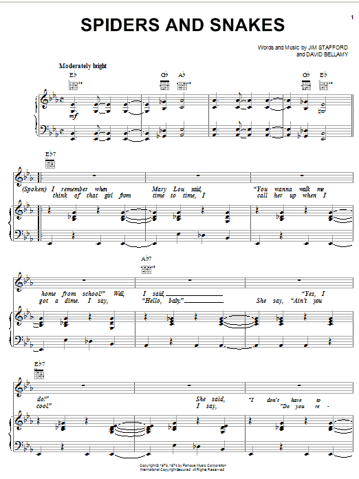 Learn to play Jim Stafford Spiders And Snakes sheet music for Piano, Vocal & Guitar (Right-Hand Melody) in minutes. Jim Stafford Spiders And Snakes sheet music notes and chords. Download Printable PDF.