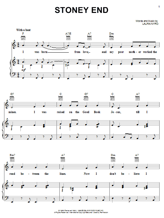 Learn to play Barbra Streisand Stoney End sheet music for Piano, Vocal & Guitar (Right-Hand Melody) in minutes. Barbra Streisand Stoney End sheet music notes and chords. Download Printable PDF.