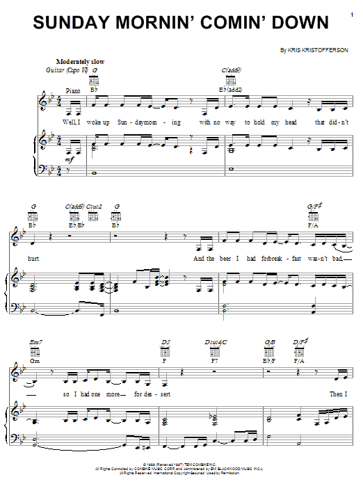 Learn to play Kris Kristofferson Sunday Mornin' Comin' Down sheet music for Piano, Vocal & Guitar (Right-Hand Melody) in minutes. Kris Kristofferson Sunday Mornin' Comin' Down sheet music notes and chords. Download Printable PDF.