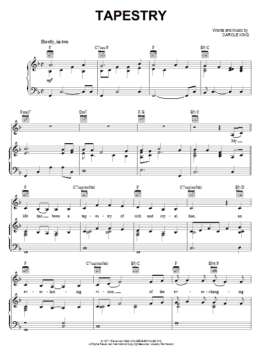 Learn to play Carole King Tapestry sheet music for Piano, Vocal & Guitar (Right-Hand Melody) in minutes. Carole King Tapestry sheet music notes and chords. Download Printable PDF.