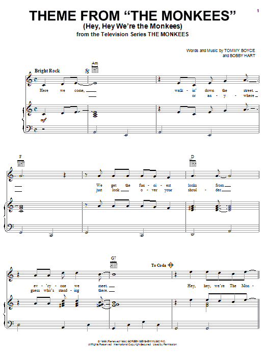 Learn to play The Monkees Theme from The Monkees (Hey, Hey We're The Monkees) sheet music for Piano, Vocal & Guitar (Right-Hand Melody) in minutes. The Monkees Theme from The Monkees (Hey, Hey We're The Monkees) sheet music notes and chords. Download Printable PDF.
