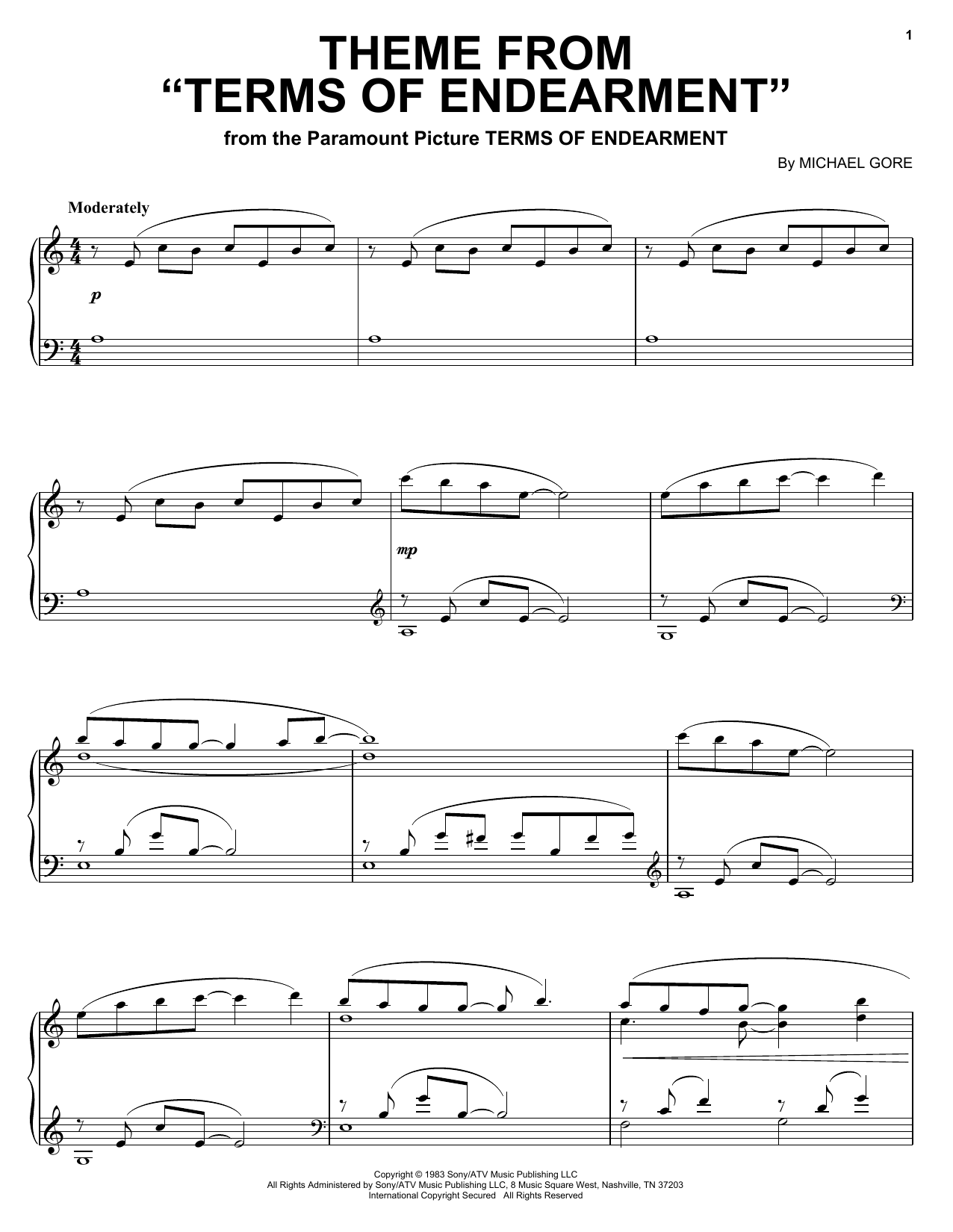 Learn to play Michael Gore Theme from Terms Of Endearment sheet music for Piano in minutes. Michael Gore Theme from Terms Of Endearment sheet music notes and chords. Download Printable PDF.