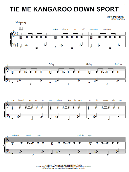 Learn to play Rolf Harris Tie Me Kangaroo Down Sport sheet music for Piano, Vocal & Guitar (Right-Hand Melody) in minutes. Rolf Harris Tie Me Kangaroo Down Sport sheet music notes and chords. Download Printable PDF.