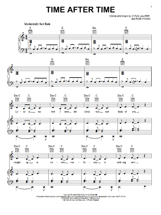 Learn to play Cyndi Lauper Time After Time sheet music for Piano, Vocal & Guitar (Right-Hand Melody) in minutes. Cyndi Lauper Time After Time sheet music notes and chords. Download Printable PDF.
