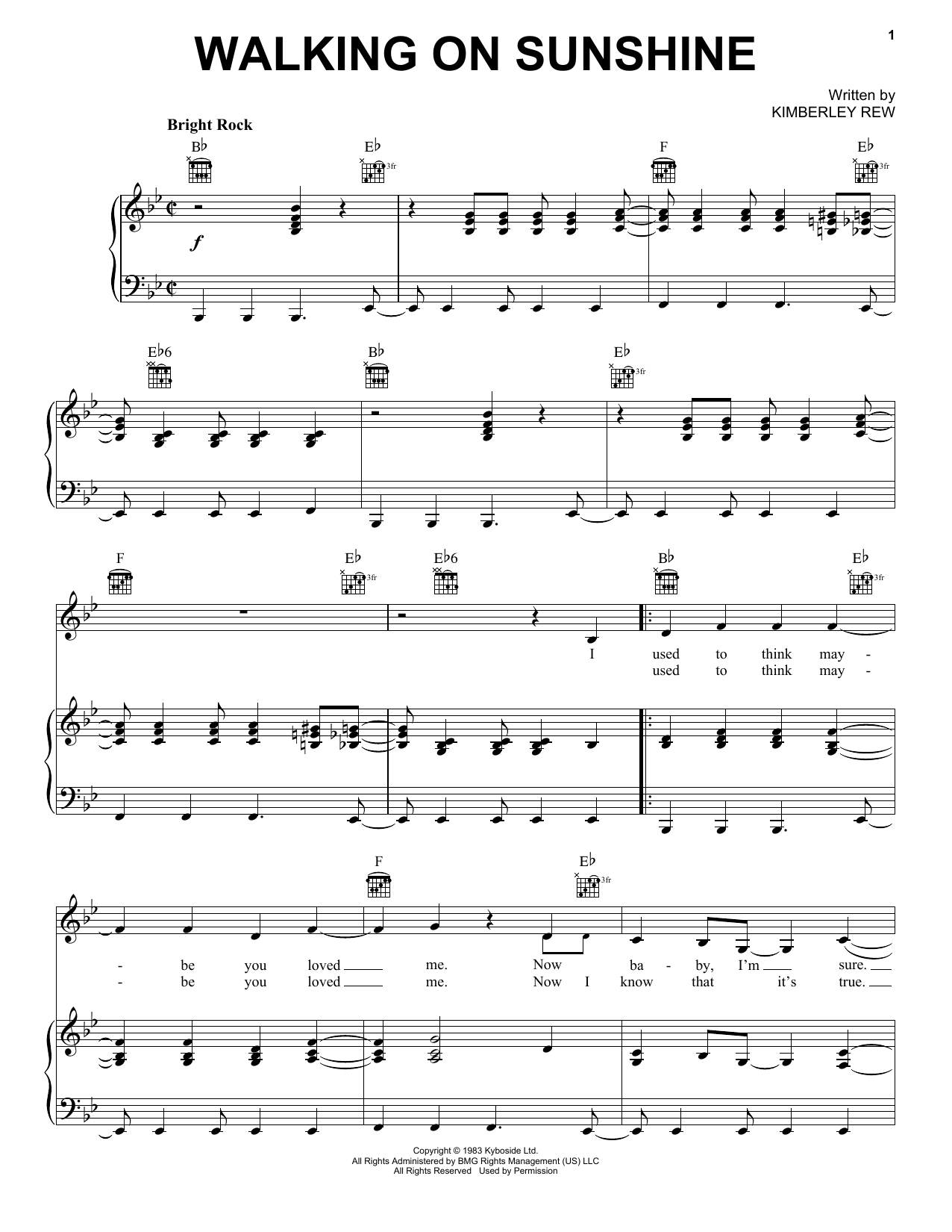Learn to play Katrina & The Waves Walking On Sunshine sheet music for Piano, Vocal & Guitar (Right-Hand Melody) in minutes. Katrina & The Waves Walking On Sunshine sheet music notes and chords. Download Printable PDF.