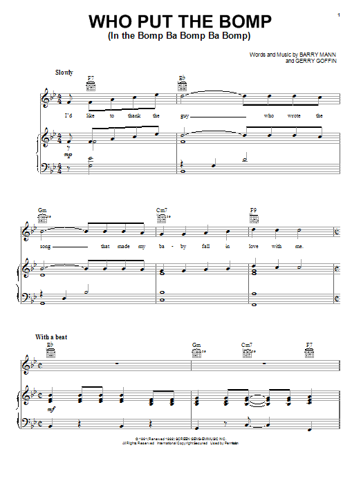 Learn to play Barry Mann Who Put The Bomp (In The Bomp Ba Bomp Ba Bomp) sheet music for Piano, Vocal & Guitar (Right-Hand Melody) in minutes. Barry Mann Who Put The Bomp (In The Bomp Ba Bomp Ba Bomp) sheet music notes and chords. Download Printable PDF.