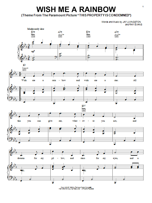 Learn to play Jay Livingston Wish Me A Rainbow sheet music for Piano, Vocal & Guitar (Right-Hand Melody) in minutes. Jay Livingston Wish Me A Rainbow sheet music notes and chords. Download Printable PDF.