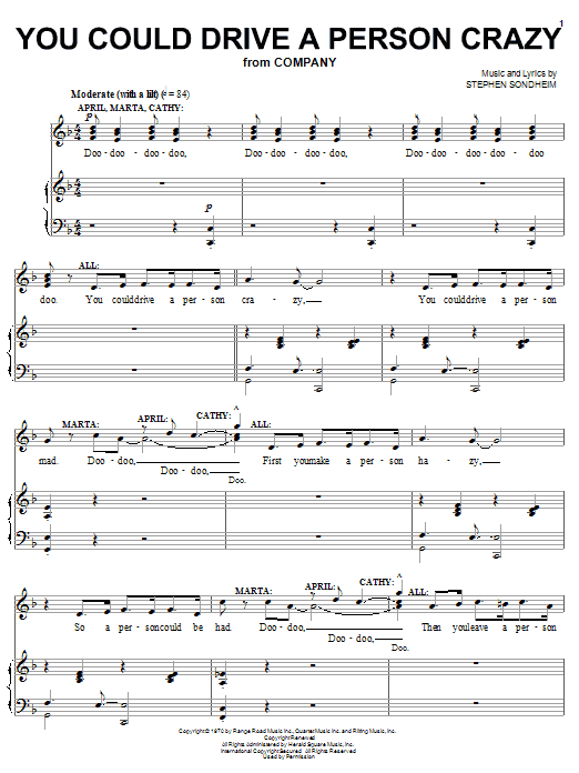 Learn to play Stephen Sondheim You Could Drive A Person Crazy sheet music for Piano, Vocal & Guitar (Right-Hand Melody) in minutes. Stephen Sondheim You Could Drive A Person Crazy sheet music notes and chords. Download Printable PDF.