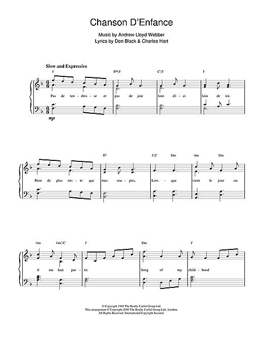 Learn to play Andrew Lloyd Webber Chanson D'Enfance (from Aspects Of Love) sheet music for Piano in minutes. Andrew Lloyd Webber Chanson D'Enfance (from Aspects Of Love) sheet music notes and chords. Download Printable PDF.
