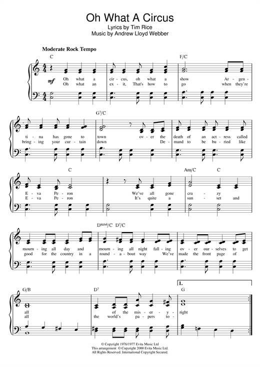 Learn to play Andrew Lloyd Webber Oh What A Circus (from Evita) sheet music for Piano in minutes. Andrew Lloyd Webber Oh What A Circus (from Evita) sheet music notes and chords. Download Printable PDF.